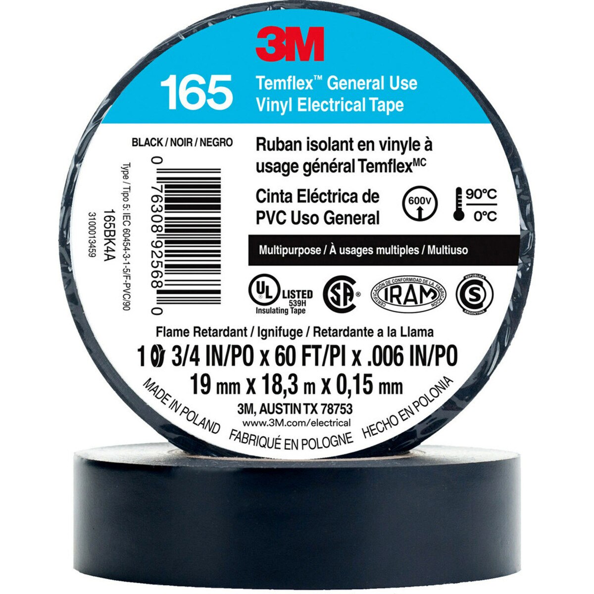 3M Temflex 165 General Use Vinyl Electrical Tape 3/4" x 60 ft.